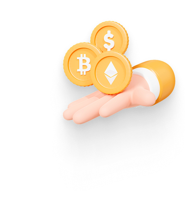 3D Cartoon Hand Holding Bitcoin Ethereum Dollar Coins